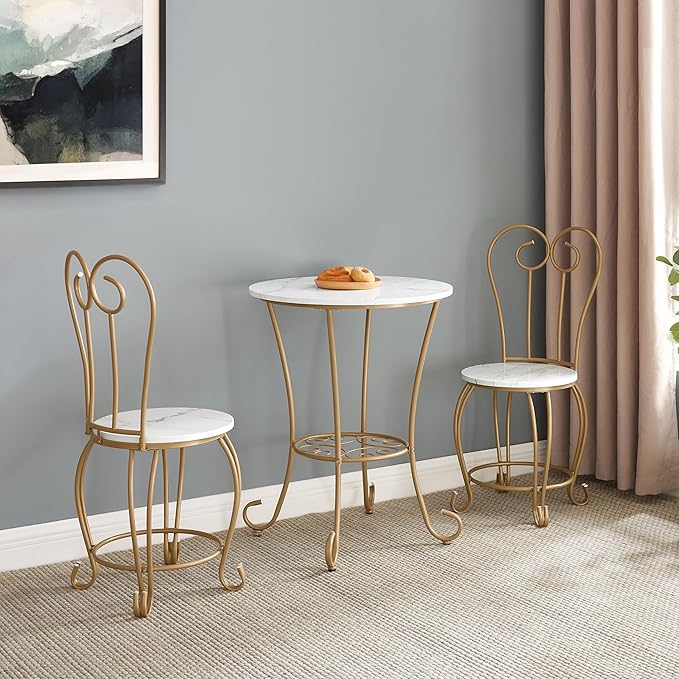 JOIN IRON 2-Piece Bistro Dining Set for Indoor Use, Marble-Look Tabletop with Gold Metal Frame, Vintage French Café Style Round Table and Chairs for Kitchen, Breakfast Nook, Small Apartment (Gold)