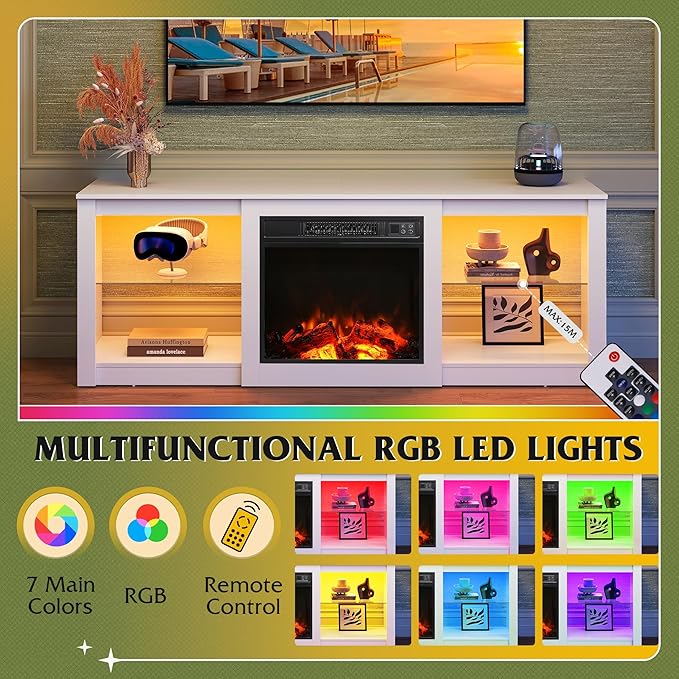 WLIVE 58 Inches Fireplace TV Stand with LED Lights, Modern Entertainment Center with 18'' Electric Fireplace & Adjustable Glass Shelves, Sturdy Media Console for Living Room, Bedroom,Gaming (White)