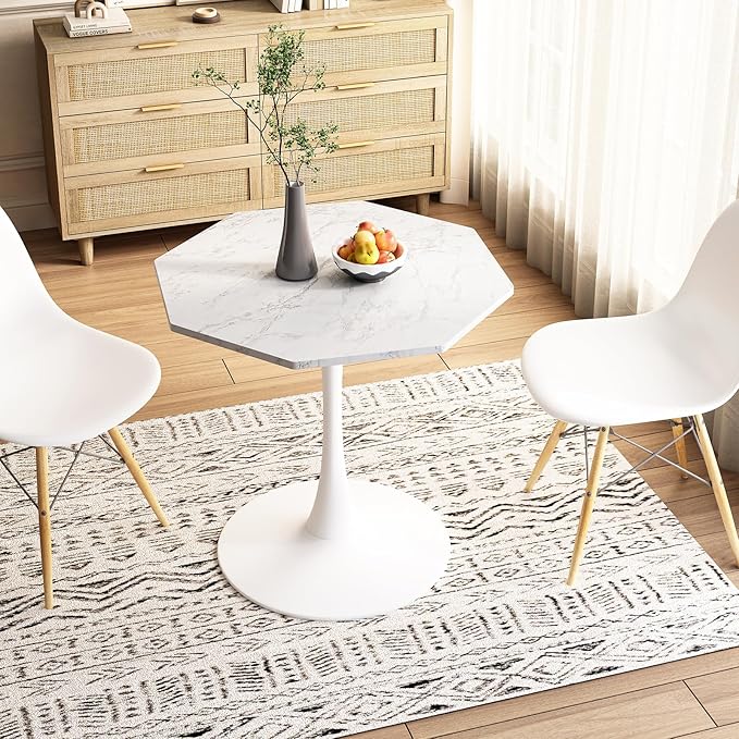 31.5 in Hexagonal Pedestal Dining Table for 2, Small Tulip Bistro Table with Metal Base, Space Saving Breakfast Nook Furniture for Home Cafe Apartment, Marble White