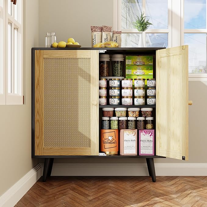 Rattan Sideboard Buffet, Accent Cabinet Cupboard Console Small Cabinet with Doors and Adjustable Shelve for Kitchen & Entryway Storage, Black