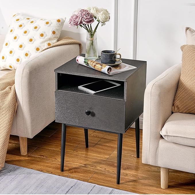 VECELO Modern Wood Night Stand,Square End Table Side Table with Drawer and Storage Space Gray Bedside Table for Bedroom Living Room Office