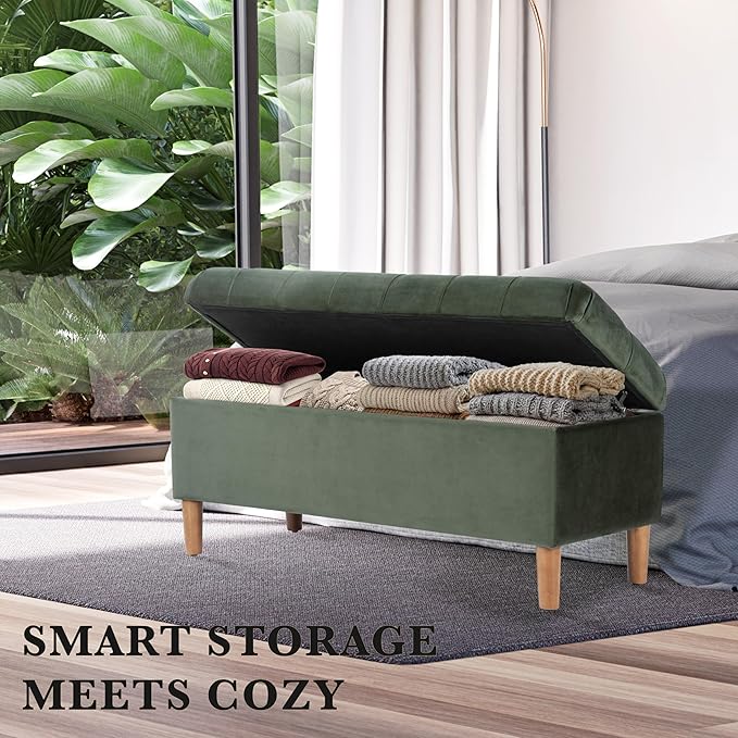 HomePop Home Decor | Tufted Ainsley Button Storage Ottoman Bench with Hinged Lid | Ottoman Bench with Storage for Living Room & Bedroom,Loden Green Velvet