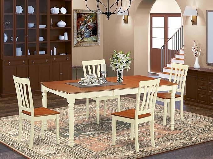 East West Furniture DOAN5-WHI-W 5 Piece Kitchen Table Set for 4 Includes a Rectangle Dining Room Table with Butterfly Leaf and 4 Dining Chairs, 42x78 Inch, Buttermilk & Cherry
