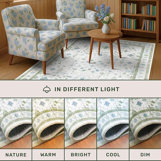 Oushak Area Rug for Bedroom 5x7 - Blue and Green Vintage Boho Floral Geometric, Washable Low Pile Non Slip Area Rugs for Nursery Room, Foyer, Cozy Aesthetic Room Decor