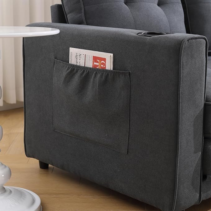 ERYE 3 Fold Tufted Upholstered Futon Sofa Bed Modern Convertible Foldable Floor Loveseat Sofabed with Pull Out Sleeper Couch Daybed W/Cupholders and Pockets for Living Room