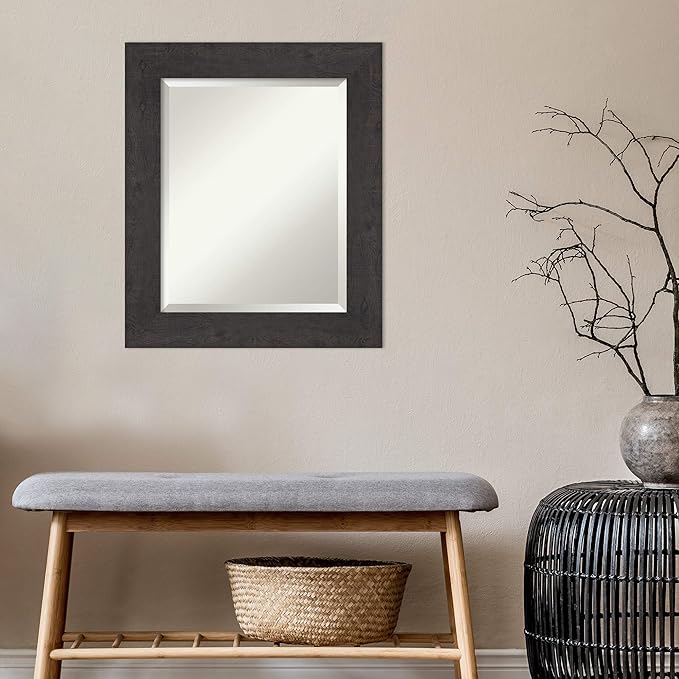 Amanti Art Brown Bathroom Mirror for Over Sink, 26x22 Rustic Plank Espresso Rectangle Vanity Mirror, Small Rustic Farmhouse Frame, Hangs Horizonally and Vertically, Bathroom Wall Decor, Beveled Edge