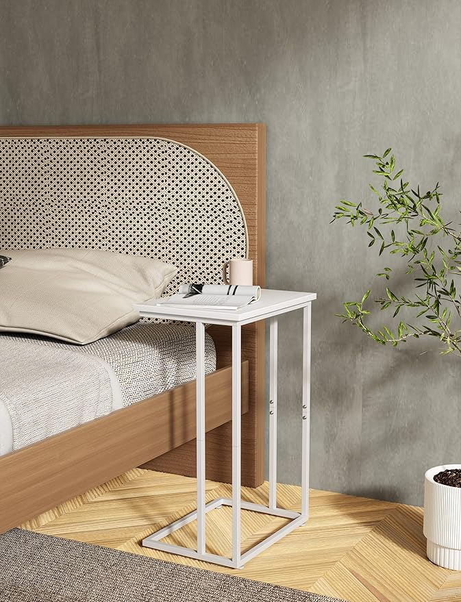 Innerjoin Wide C Side Table,C Couch Table with Metal Frames, Small Snack End Table for Couch and Bed, Retro Laptop C Table, Living Room and Bedroom, Industrial Style, White