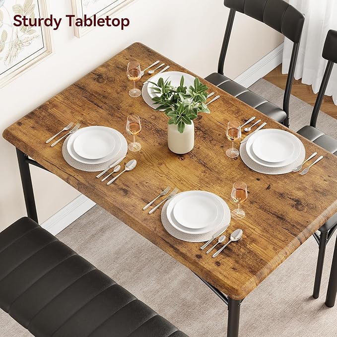 GarveeHome Dining Table Set for 4, Kitchen Table with Upholstered Chairs and Bench, Wood Rectangular Dining Table and Chairs Set for Small Space, Apartment, Dinner, Rustic Brown