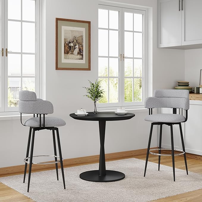 Swivel Bar Stools Set of 2, Counter Height Bar Stools with Ergonomic Full Back, Upholstered Linen Fabric Barstools with Chrome Metal Footrest for Kitchen Island, Dining Room