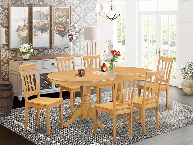 East West Furniture VAAN7-OAK-W 7 Piece Kitchen Table & Chairs Set Consist of an Oval Dining Room Table with Butterfly Leaf and 6 Solid Wood Seat Chairs, 40x76 Inch, Oak