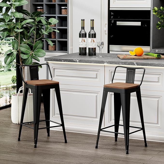 WENTMENT Metal Bar Stools Set of 2 Counter Height Barstools with Removable Back 24" Kitchen Bar Stools with Wooden Seat, Black