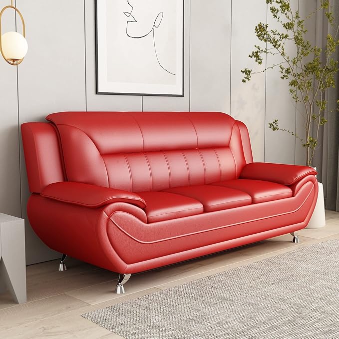 Container Furniture Direct Michael Modern Faux Leather Upholstered Stainless Steel Legs Living Room Sofa, Red
