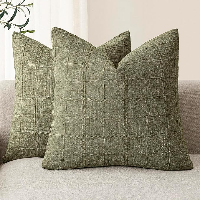Foindtower Set of 2 Decorative Linen Check Throw Pillow Covers Neutral Farmhouse Vintage Cushion Covers Modern Boho Home Decor for Sofa Chair Couch Bedroom Living Room Outdoor,18×18 Inch,Sage Green