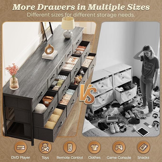Huuger 70 Inch Dresser for Bedroom, TV Stand for 65, 75, 80 Inch TV, 13 Fabric Drawer Long Dresser, Large Entertainment Center for Bedroom, Wide Chest of Drawer with Storage, Grey