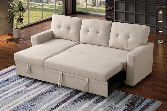 Devion Furniture Philly 4-in-1 Convertible L Shaped Couch with Pull Out Bed and Storage, Sectional Sleeper Sofa with Reversible Chaise for Living Room, Apartment, Bedroom, Office