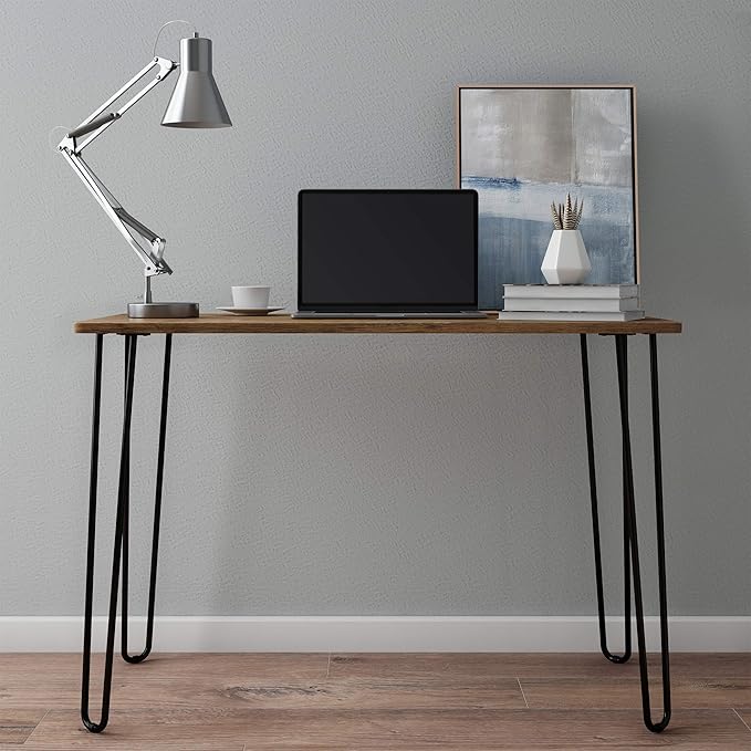 Desk with Hairpin Legs - Modern Industrial Style Home Decor - Woodgrain-Look and Steel Accent Home Office Furniture by Lavish Home (Brown)