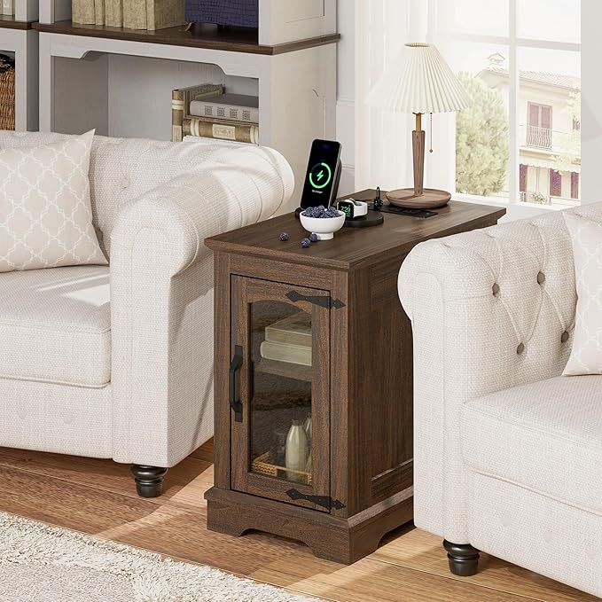 Narrow End Table with Storage, Farmhouse Side Table with Power Outlets & USB Ports, Small Night Stand for Living Room, for Bedroom, Living Room(Glass Door, Walnut)