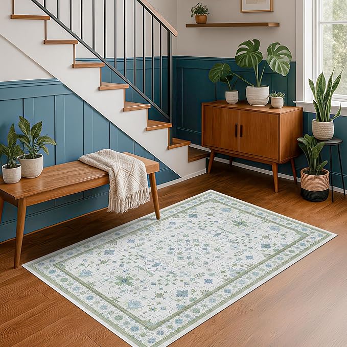 Blue and Green Washable Rugs for Living Room - 4x8 Vintage Boho Floral Pastel Cream, Washable Low Pile Non Slip Area Rug for Bedroom Beside Bed, Door Mat Indoor Entrance, Kitchen, Decor