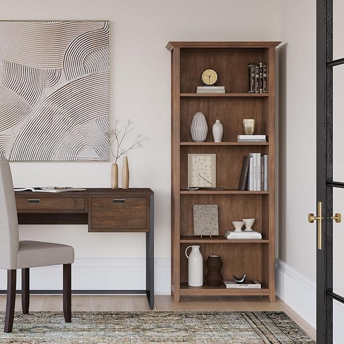 SIMPLIHOME Amherst Bookcase - 70 inch Tall 5-Shelf Solid Wood Bookshelf in Rustic Natural Aged Brown, Transitional Storage for Living Room, Study or Office with Adjustable Shelves and Tapered Legs