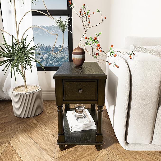 Narrow End Table with Drawer and Open Storage Shelf, Solid Wood Sofa Side Table for Living Room, Beside Table,Telephone Table for Small Spaces, No-Tools Assembly Vintage Black BBJ004BK