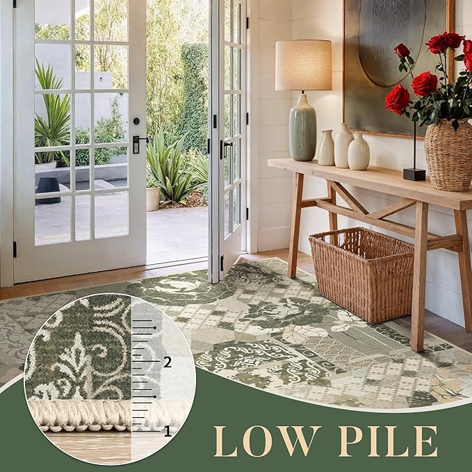 GENIMO Floral Runner Rug 2'6''x8, Machine Washable Non Slip Vintage Patchwork Hallway Runner, Ultra-Thin Low Pile Runners for Indoor Entryway, Hallway, Kitchen and Corridor, Taupe Gray