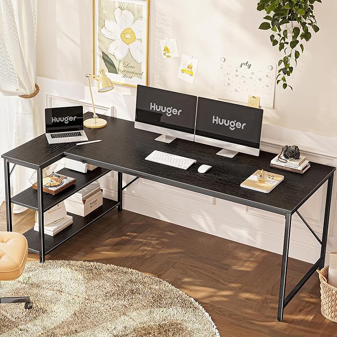Huuger L Shaped Desk, 63 Inches Computer Desk with Reversible Storage Shelves, Gaming Corner Home Office Writing Study, Metal Frame, Black