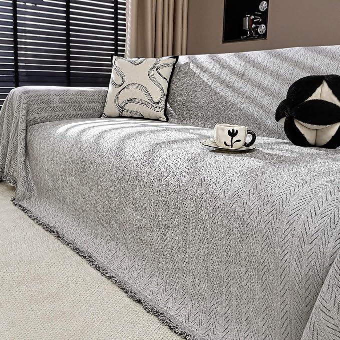 Nobildonna Sofa Cover Washable Soft Thicken Chenille Couch Cover with Tassel,Waterproof Sofa Slipcover for 2-3 Cushion Couch,Sectional Sofa,L-Shaped Furniture Protector Pet-Friendly,Gray 71"x118"