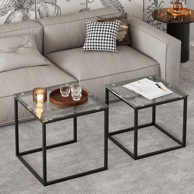 Garden 4 you Coffee Table Set of 2, Modern Glass Nesting Table, Metal Frame Square Center Table Set, Side Tables, Nesting Coffee Table for Living Room, Bedroom and Small Spaces, 19.7in Black