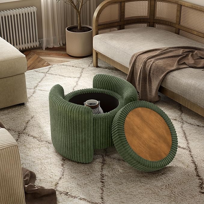 Furniture of America Lennox Modern Chenille 25-inch Round Storage Ottoman with Reversible Flip Top, Upholstered Footstool for Living Room, Bedroom, Entryway, Green