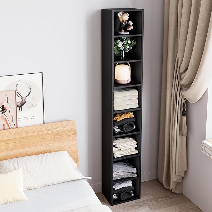 Bamjoy 71 Inches Tall Narrow Bookcase, 8-Tier Slim CD DVD Media Tower Rack, Corner Bookshelf with Adjustable Shelves, Cube Skinny Bookshelf for Home Office Small Space, Black