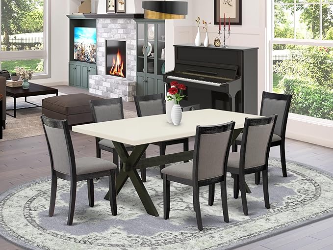 East West Furniture X627MZ650-7 7 Piece Dining Table Set Consist of a Rectangle Kitchen Table with X-Legs and 6 Dark Gotham Grey Linen Fabric Upholstered Chairs, 40x72 Inch, Multi-Color