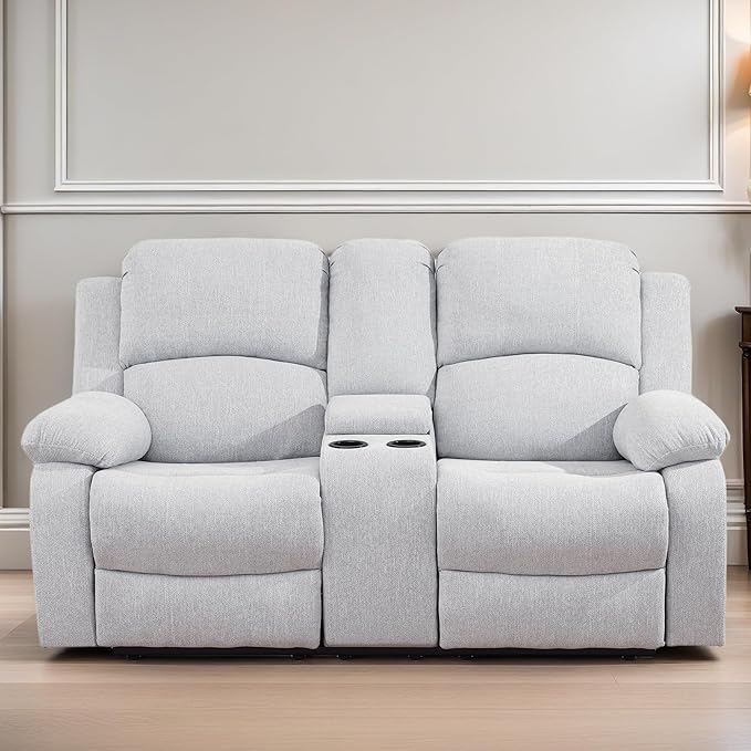 Loveseat Recliner Sofa, Reclining Loveseat Couch with Storage Console, Modern Comfy Home Theater Seating Power Recliner Chair with Cup Holders for Living Room Furniture Sets, Grey White