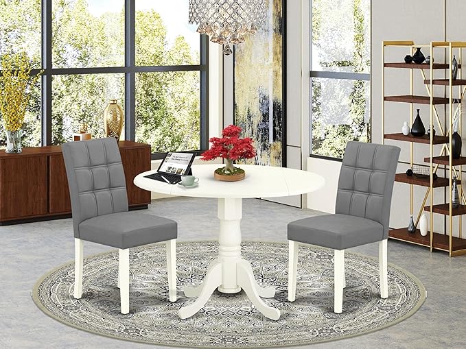 East West Furniture DLAS3-WHI-41 3 Piece Dining Table Set consists A Wooden Table and 2 Platinum Gray Polyester Fabric Kitchen Chairs with Stylish Back- Linen White Finish