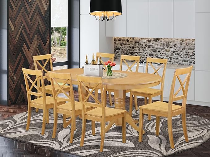 East West Furniture VABO9-OAK-W 9 Piece Modern Dining Table Set Includes an Oval Wooden Table with Butterfly Leaf and 8 Dining Room Chairs, 40x76 Inch, Oak