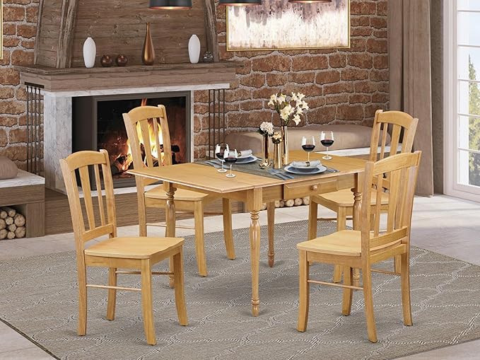 East West Furniture MZDL5-OAK-W 5 Piece Dining Room Table Set Includes a Rectangle Kitchen Table with Dropleaf and 4 Dining Chairs, 36x54 Inch, Oak