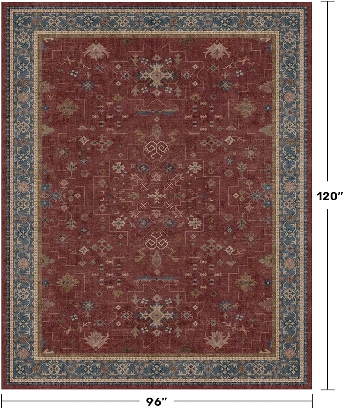 Oriental 8x10 Large Area Rugs for Living Room - Burgundy Rug for Bedroom Under Bed, Dining Room Under Kitchen Table, Washable Soft Non Slip Unique Indoor Décor
