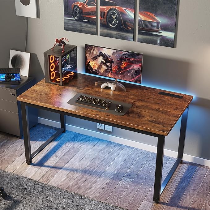 Huuger 48 x 24 inch Desk with Power Outlets & USB-C, Deeper & Thicker Desktop, Robust Metal Tubes, Computer Desk, Heavy Duty Office Desk, Work Gaming Desk for Home Office, Rustic Brown