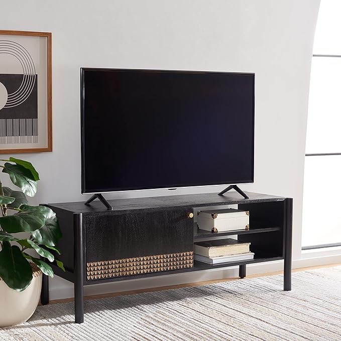 SAFAVIEH Home Collection Errington Black/Gold Accents Solid Wood 2-Shelf Media Stand