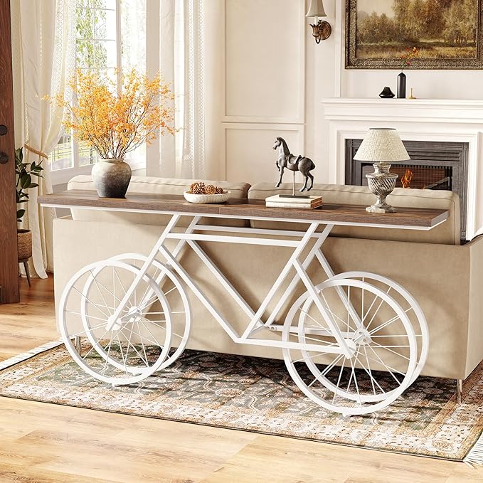 LITTLE TREE Narrow Sofa Table, 70.9-Inch Extra Long Console Table for Living Room, Entryway, with Unique Bicycle Metal Base. White and Brown