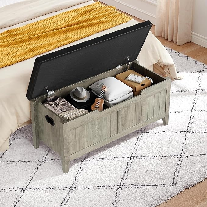 GAOMON Storage Bench with Padded Seat, 39.4” Wooden Chest Storage Box with 2 Safety Hinges, Entryway Benches with Flip-Top, Large Trunk for Living Room, Bedroom, Easy Assembly