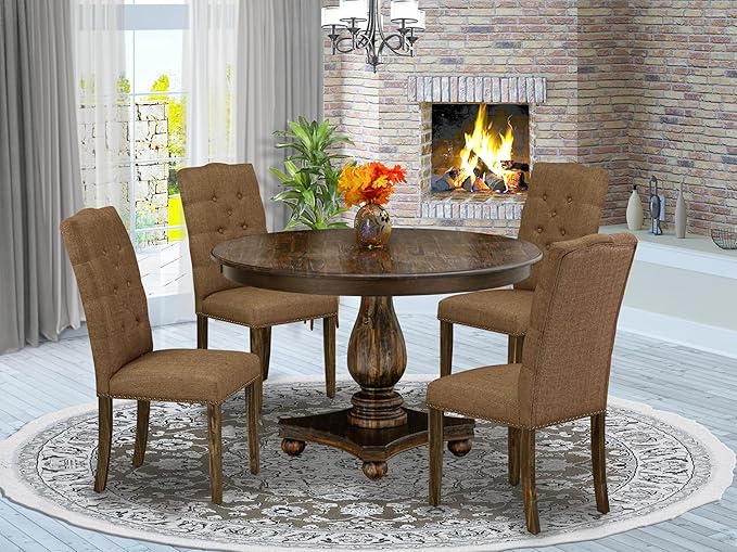 East West Furniture F2EL5-718 5 Piece Kitchen Table & Chairs Set Includes a Round Dining Table with Pedestal and 4 Brown Linen Linen Fabric Parson Chairs, 48x48 Inch, Distressed Jacobean