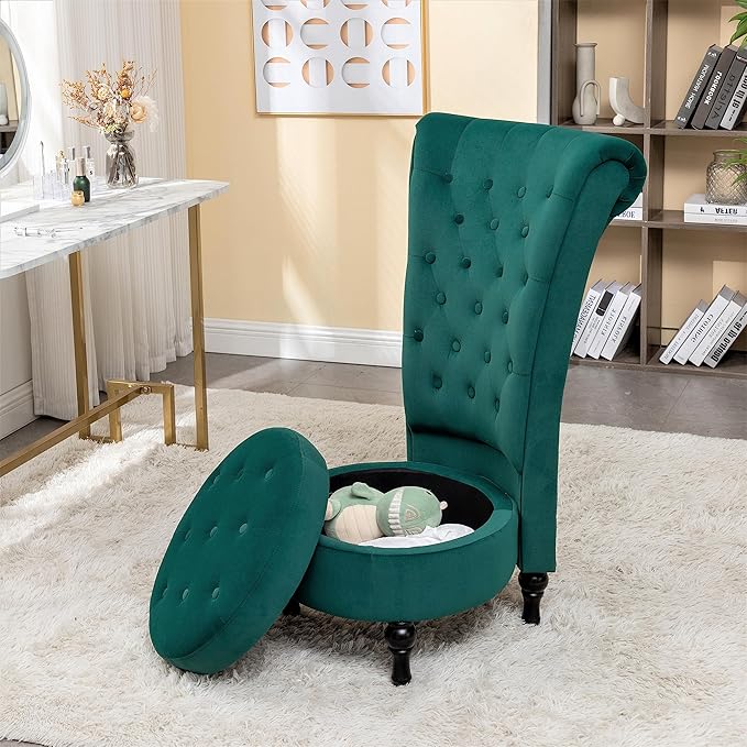 Container Furniture Direct Royal High-Back Velvet Accent Chair for Vanity with Storage and Luxurious Upholstery, Retro Design and Versatile Usage for Living Room, Bedroom, Lounge and Office, Green
