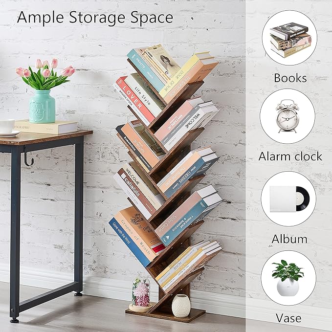 Hoctieon 10 Tier Tree Bookshelf, 10 Shelf Bookcase, Free Standing Tree Bookcase, Display Floor Standing Shelf for Books, Book Organizer Shelves for Home Office, Living Room, Bedroom, Rustic Brown