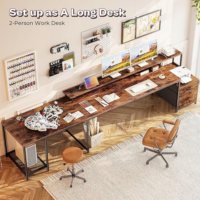 PRAISUN 66 Inch L Shaped Computer Desk with Power Outlets and LED Lights, Home Office Desk with Fabric Drawers and Print Stand, L Shape or Long Set up, Monitor Stand, Mesh CPU Stand, Rustic Brown