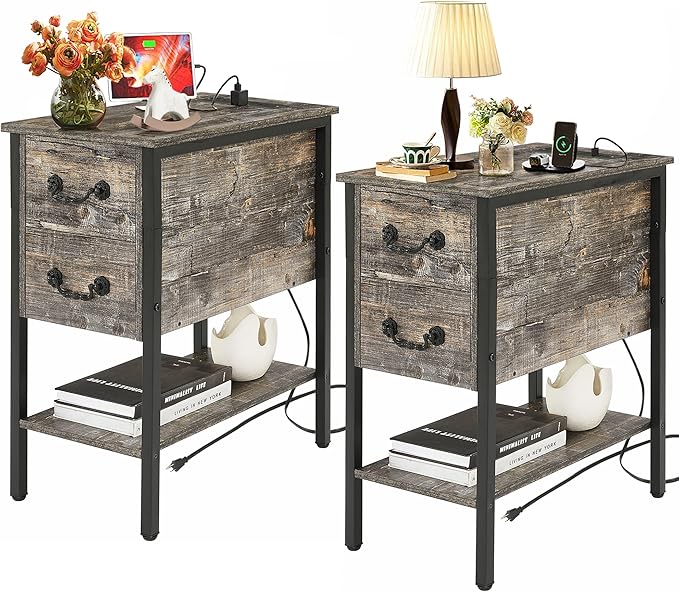 VECELO End Tables,Narrow Nightstands with Charging Station & USB Ports &Drawers,Night Stand for Living Room, Bedroom,Misty Gray