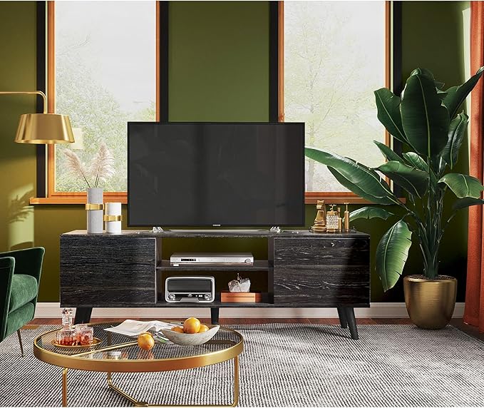 WLIVE TV Stand for 55 60 inch TV, Modern Entertainment Center with Storage Cabinets, Mid Century TV Console Table for Bedroom, TV Stand for Living Room, Charcoal Black