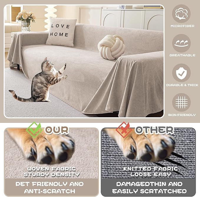 MYSKY HOME Couch Cover Couch Covers for 3 Cushion Couch Sofa Pet Friendly Sectional Couch Covers L Shape Dog Couch Cover Protector for Sectional Sofa Covers Couch Protector, 91" x 150", Oat