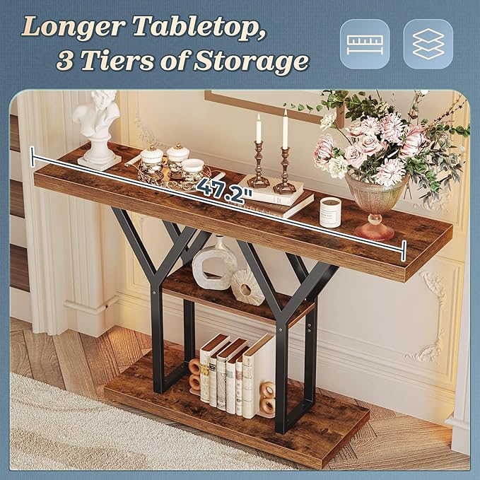 Huuger 47.2 Inch Entryway Table, Industrial Console Sofa Table, 3 Tier Accent Table, for Entry, Hallway, Entrance, Foyer, Y-Shaped Metal Base, Rusitc Brown