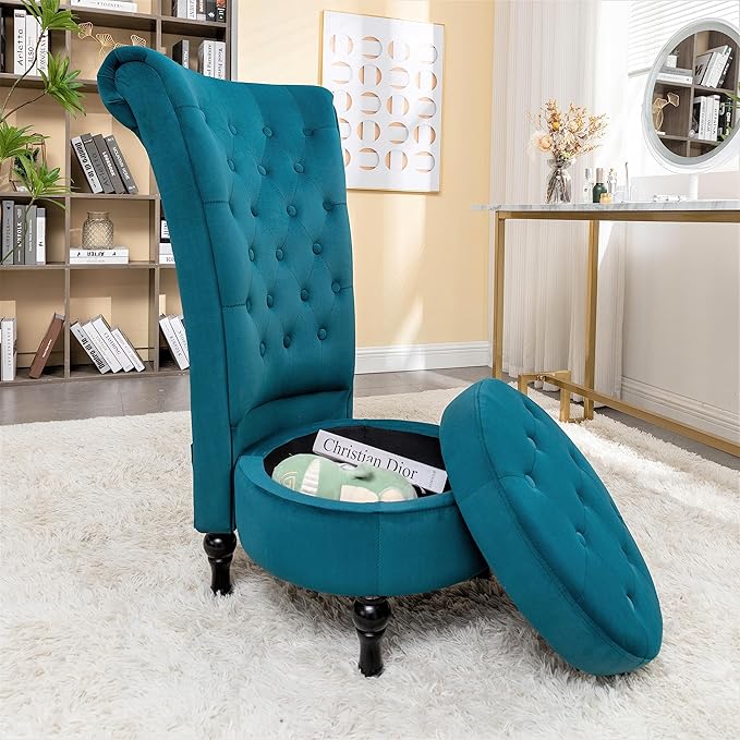 Container Furniture Royal High-Back Velvet Accent Chair for Vanity with Storage and Luxurious Upholstery, Retro Design and Versatile Usage for Livingroom, Bedroom, Lounge and Office, Greenish Blue