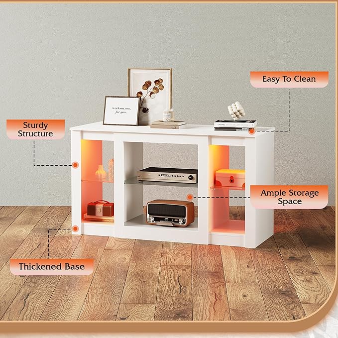 WLIVE TV Stand for 43 Inch TV, Modern Entertainment Center with LED Lights & Adjustable Glass Shelves, Sturdy Media Console for Living Room, Bedroom,Gaming (White)